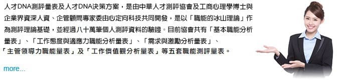 人才DNA職能測評量表是中華人才測評協會、企業界、專家及大學教授委託心定向科技共同開發，有「基本職能」、「主管領導力」、「工作態度及適應力」、「工作需求與激勵」及「工作價值觀」等五套職能測評量表。